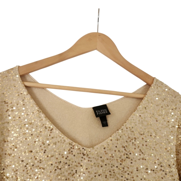 Eileen Fisher 80% Silk Cotton Sz L Vintage Gold Sequin V-Neck Top Party Evening - Picture 5 of 16